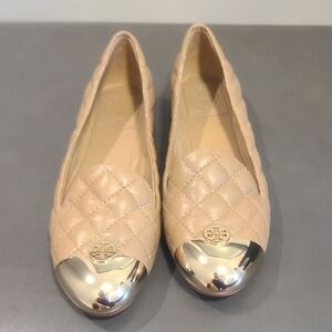 Tory Burch Nude Quilted Leather Ballet Flats with Gold Cap Toe Emblem